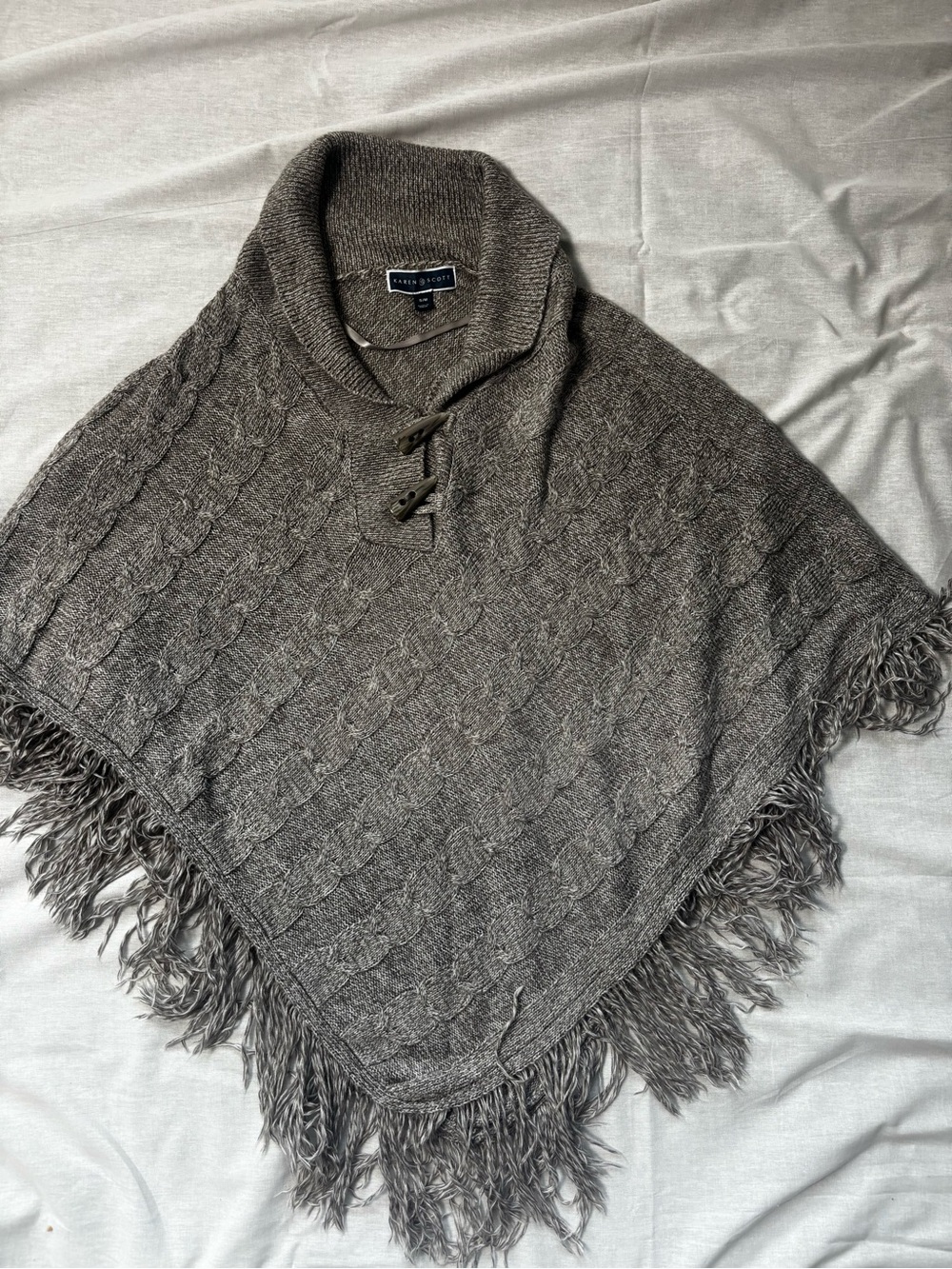 Karen Scott Gray Cable-Knit Fringe Poncho
